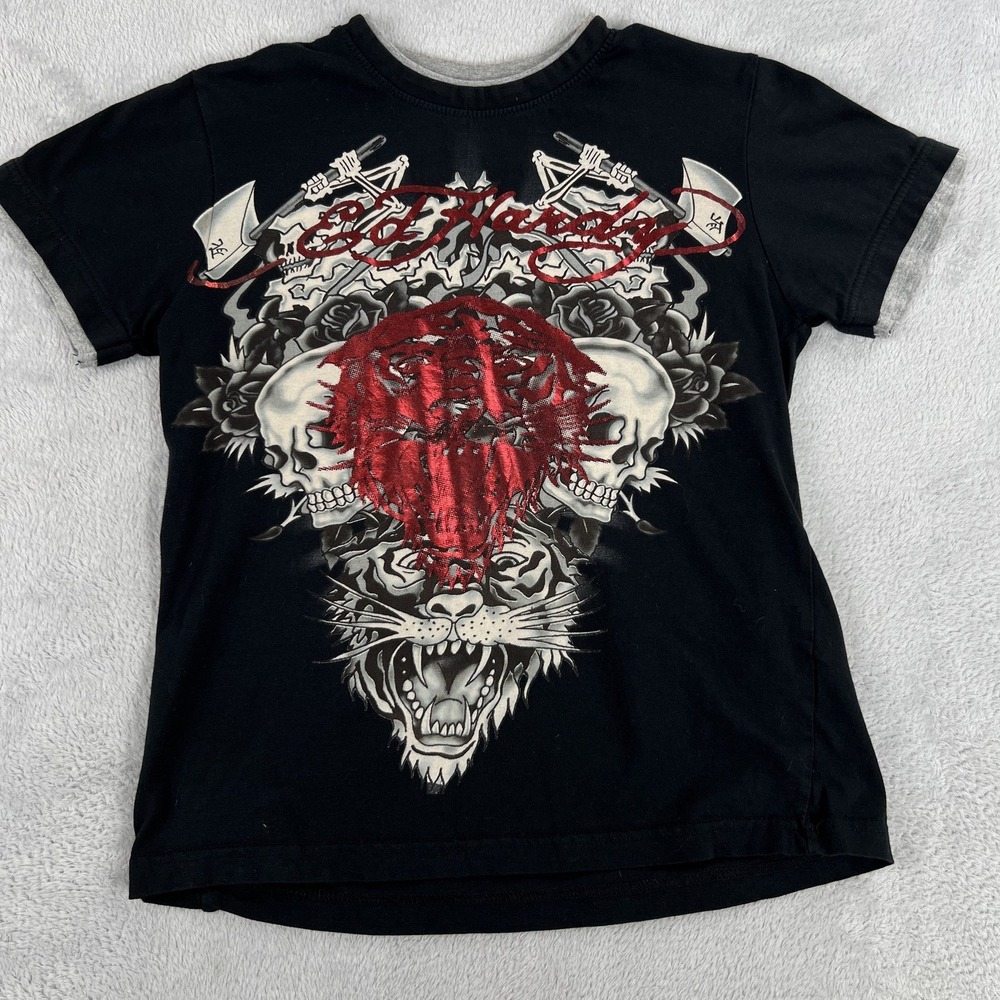 Ed Hardy Kids Tiger Skull Graphic T Shirt Youth M Black Christian Audigier Y2K